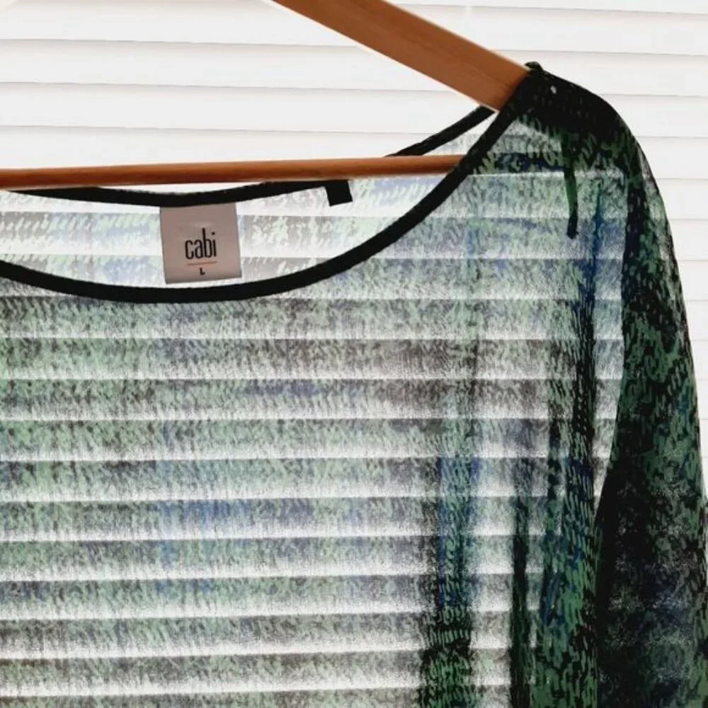 CABI Semisheer Asymmetrical Hem Light Blouse Top Green & Blue Sz L - Picture 2 of 10
